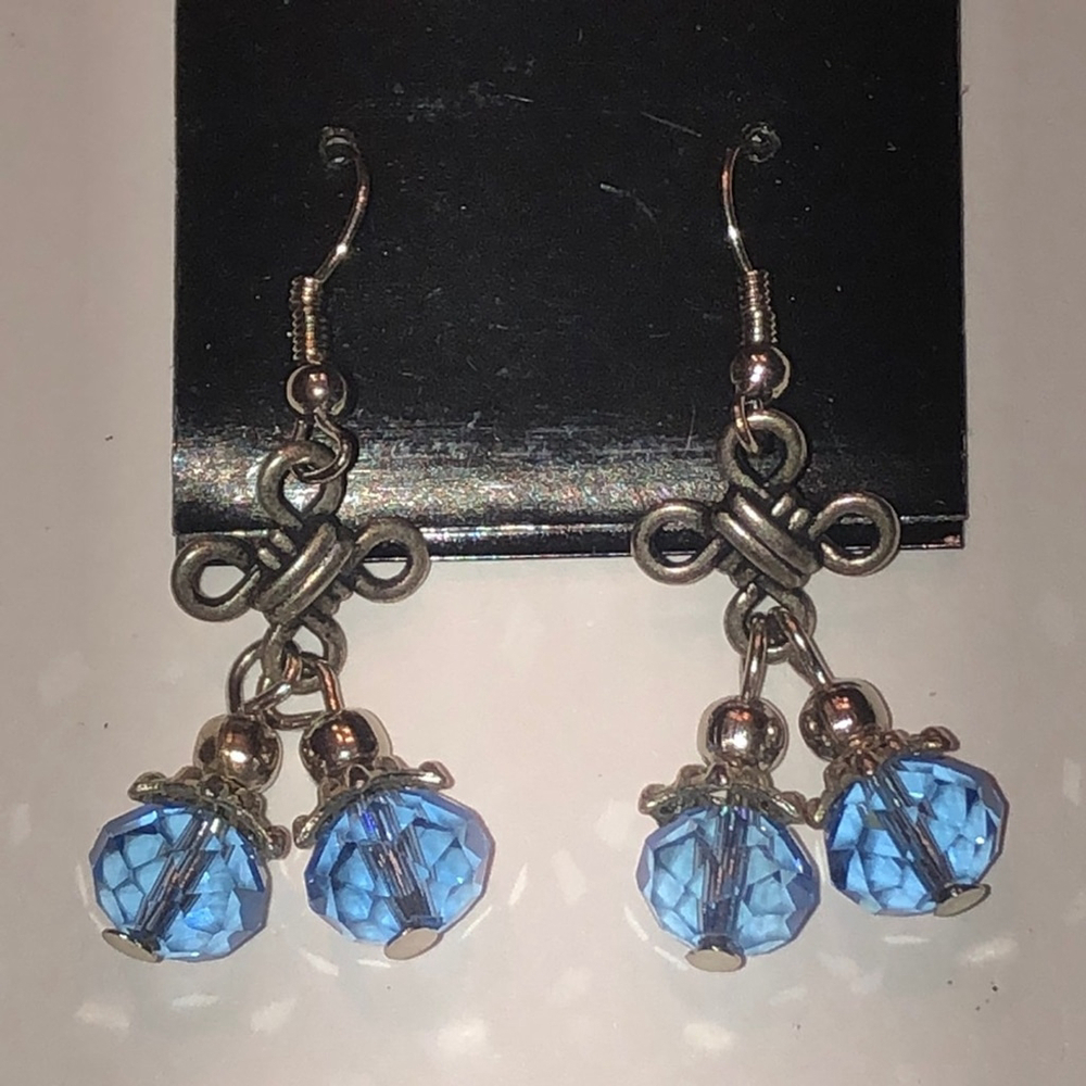 Boardwalk Crystal Silver Tone Dangling Blue Color Beaded Boho Pierced Earrings